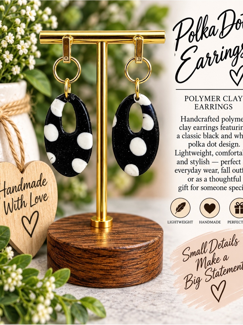 Handcrafted Black & White Polka Dot Dangle Earrings